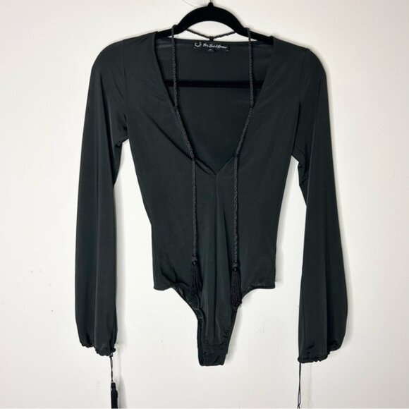 FREE PEOPLE For Love & Lemons Kate Bodysuit Black Tassels Bell Sleeves Plunging - Picture 3 of 16